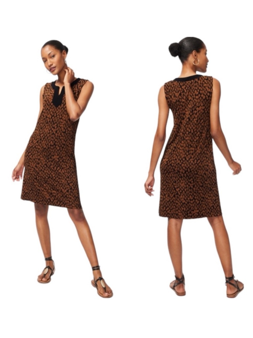 Chico's Slinky Brown Black Sleeveless Animal Print Midi Dress Size 2 Large